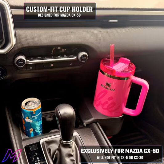 Pink cup with handle and straw in a custom-fit cup holder for Mazda CX-50