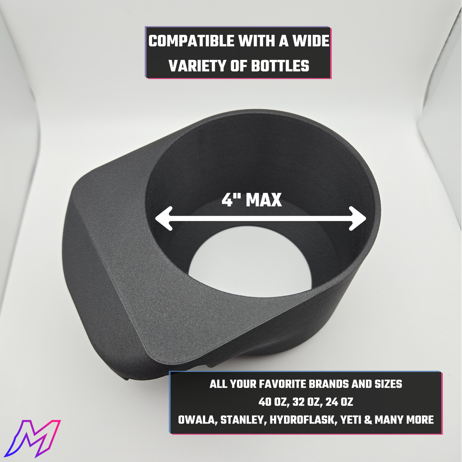 Black cup holder with compatibility information for various bottles on a white background