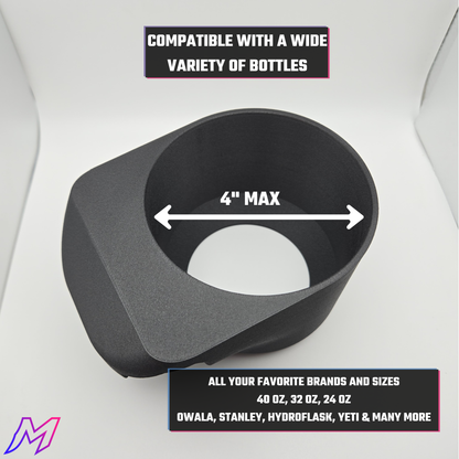 Black cup holder with compatibility information for various bottles on a white background