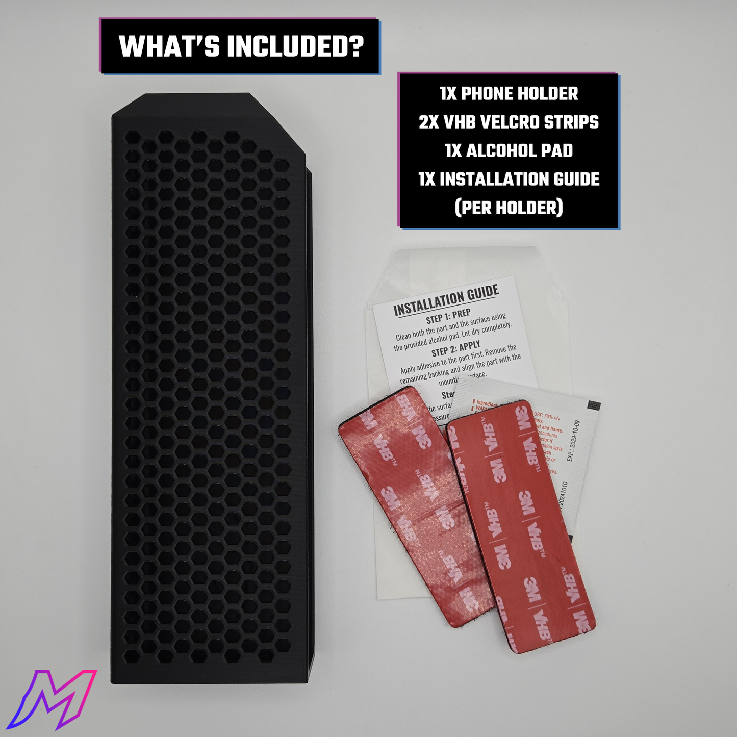 Phone holder with VHB velcro strips and installation guide on a gray background