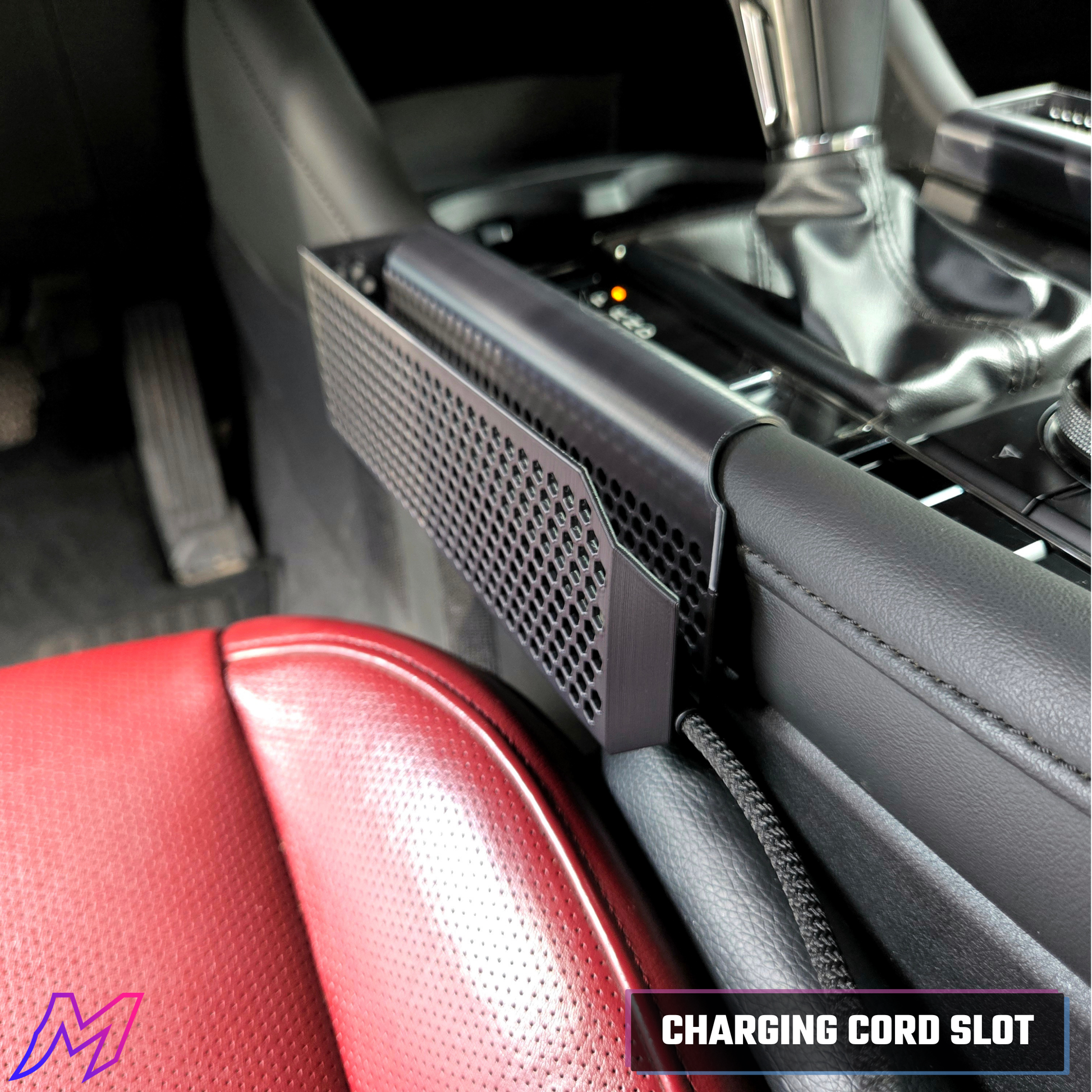 MATERIUM Mazda3 phone holder installed driver side showing ventilated sides to keep phone cool