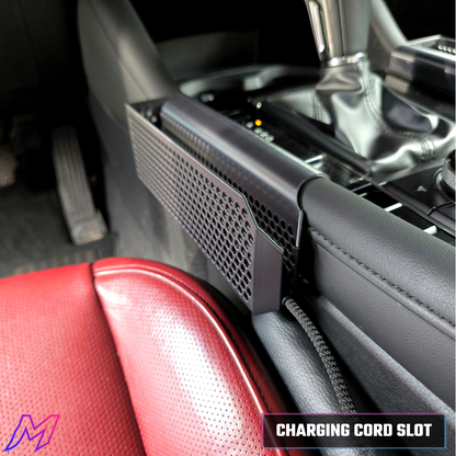 MATERIUM Mazda3 phone holder installed driver side showing ventilated sides to keep phone cool