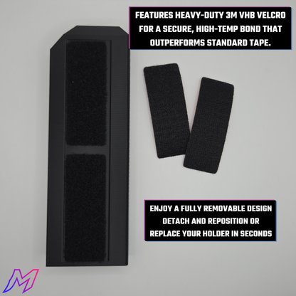 Black velcro strips and holder on a gray background with text about 3M VHB Velcro.