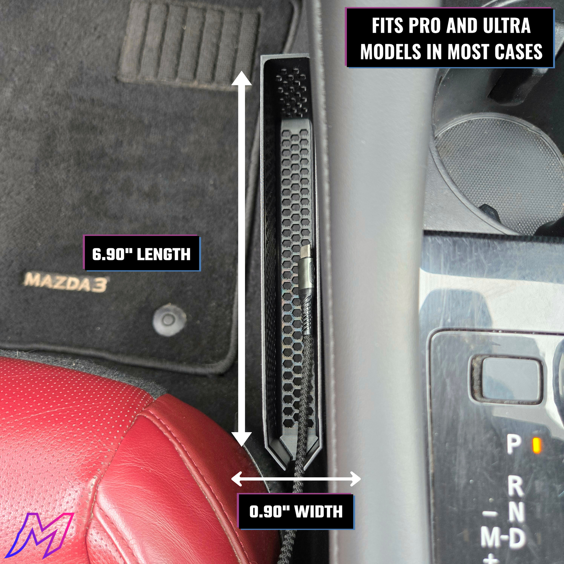 Car interior with a component labeled for measurement and compatibility with Mazda3 models.
