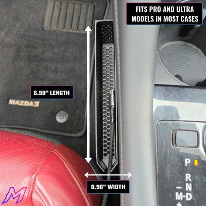 Car interior with a component labeled for measurement and compatibility with Mazda3 models.