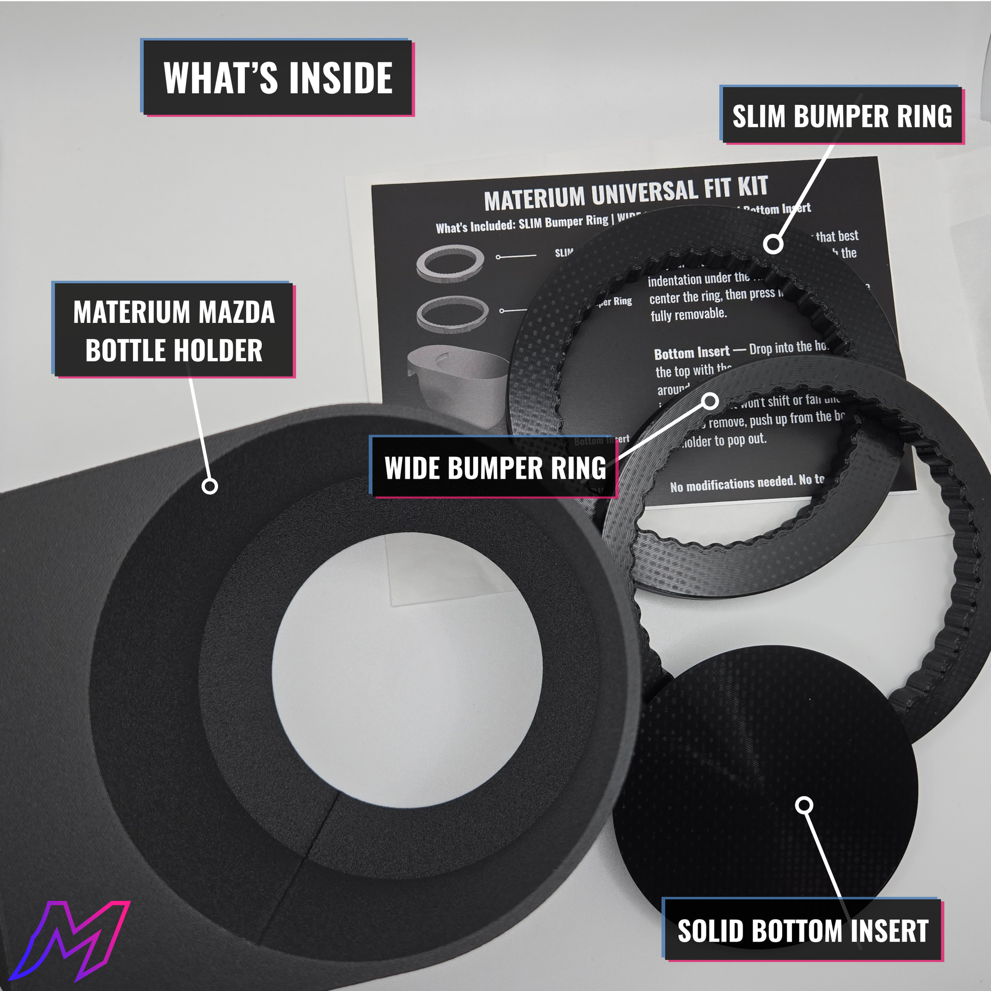 Materium car accessory kit with various components on a gray background