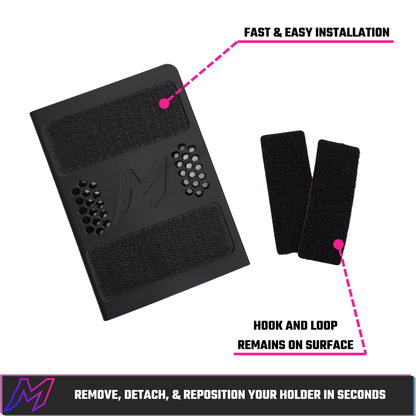 MATERIUM universal phone holder back panel showing hook and loop mounting pads with two included strips beside it, annotations explaining fast install and removable design