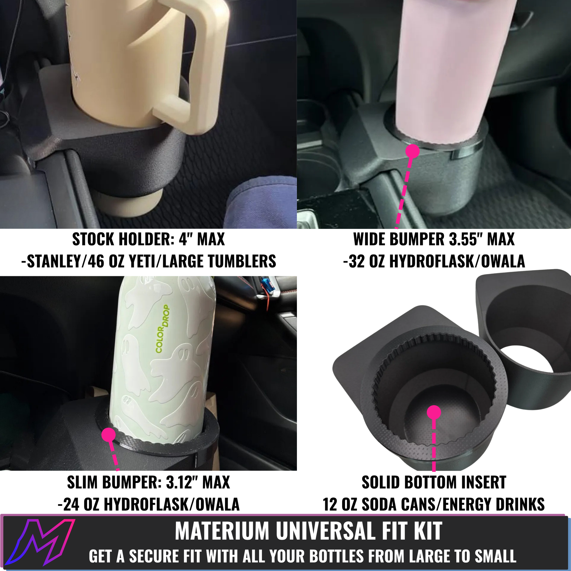 MATERIUM Universal Fit Kit sizing chart for Mazda CX-50 bottle holder, showing stock opening, wide bumper ring, slim bumper ring, and bottom insert diameters