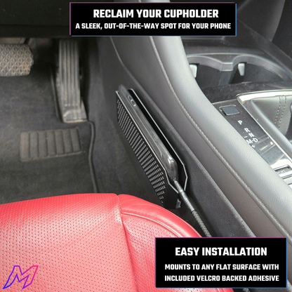 Car cupholder organizer with text on easy installation and product name.