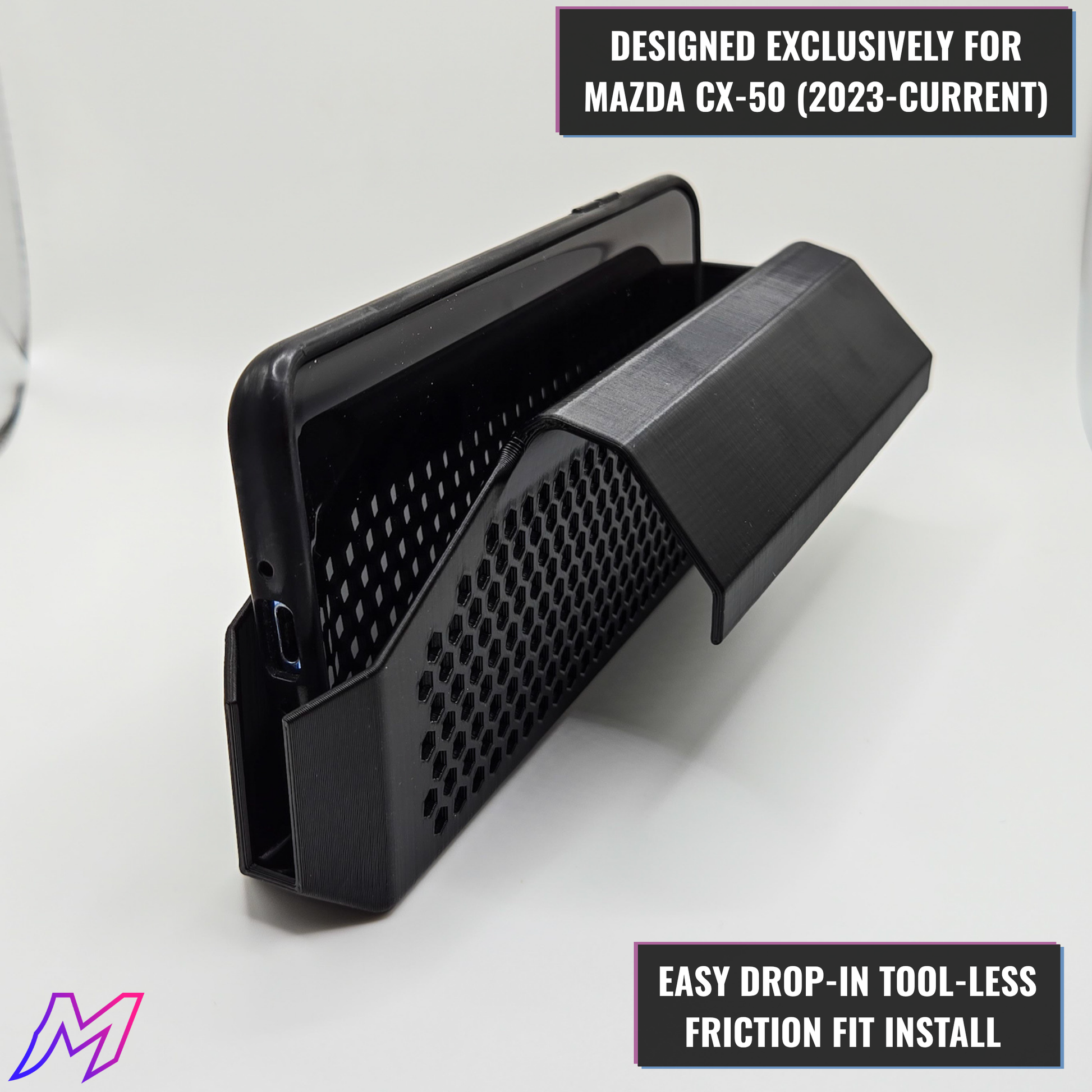 MATERIUM Mazda CX-50 phone holder side profile, easy drop-in tool-less friction fit installation