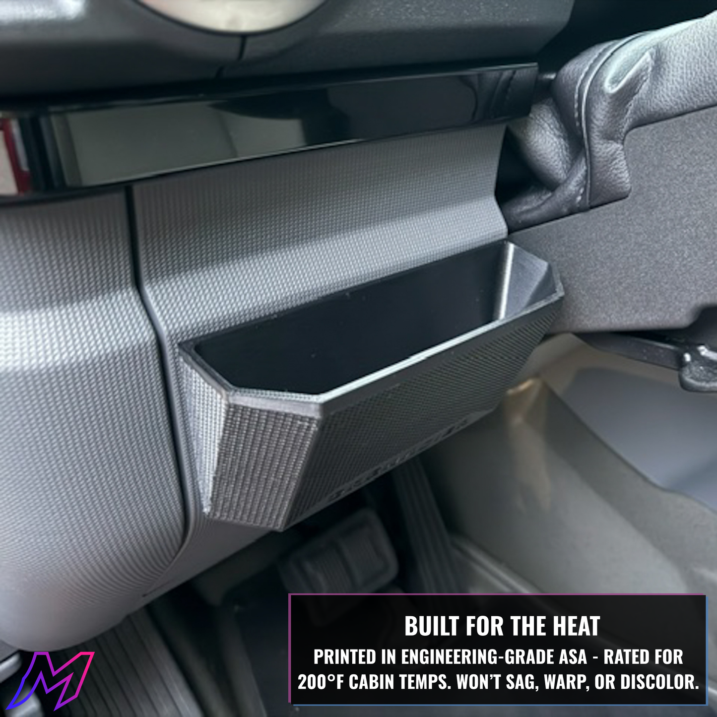 MATERIUM Grenadier dash pocket installed, showing velcro mounting strips and open storage cavity, fits Wagon and Quartermaster trims