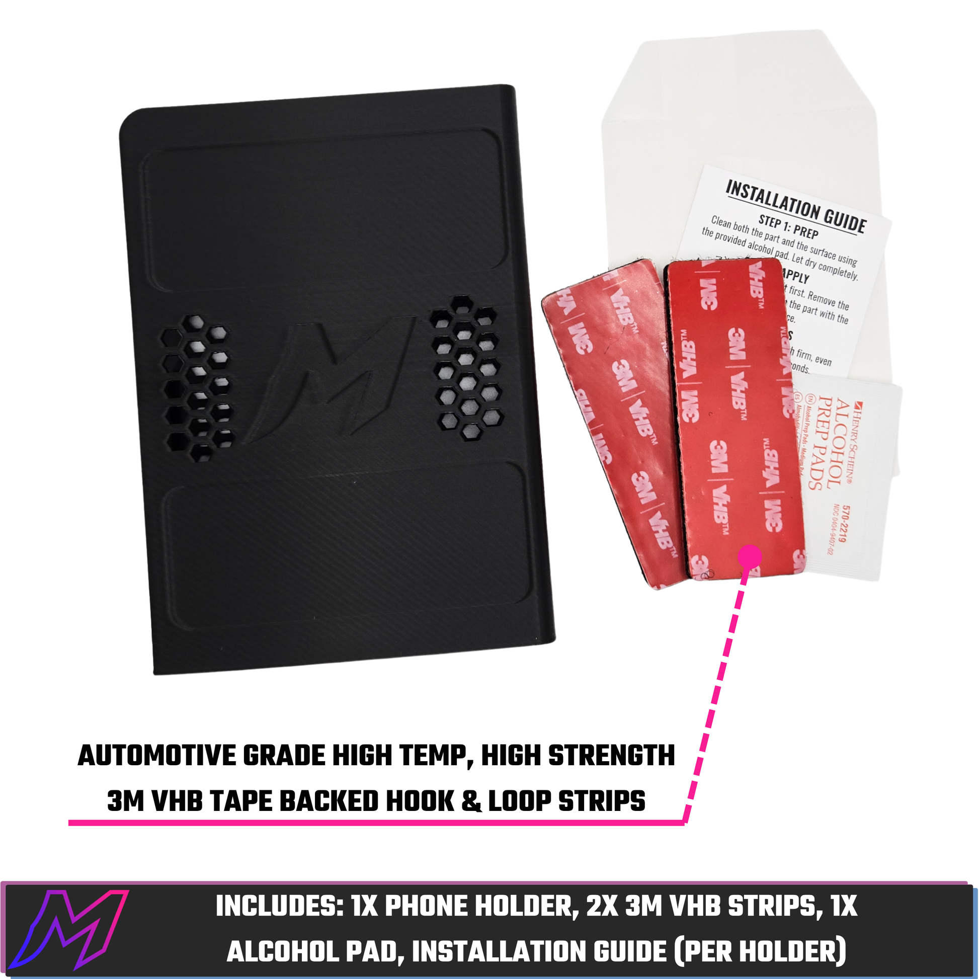 MATERIUM universal phone holder flat lay with contents — holder, two 3M VHB hook and loop strips, alcohol prep pad, installation guide — annotation points to automotive grade strips