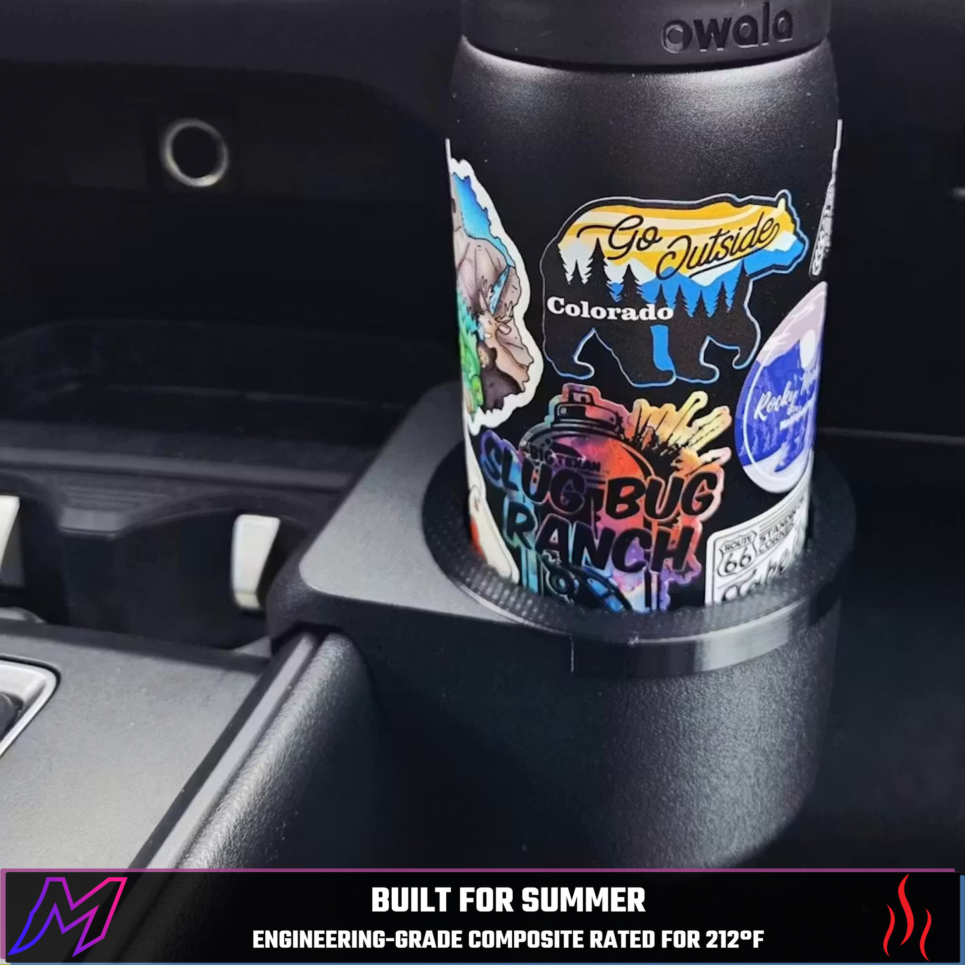 MATERIUM Mazda CX-50 bottle holder made from engineering-grade composite rated for 212 degrees Fahrenheit