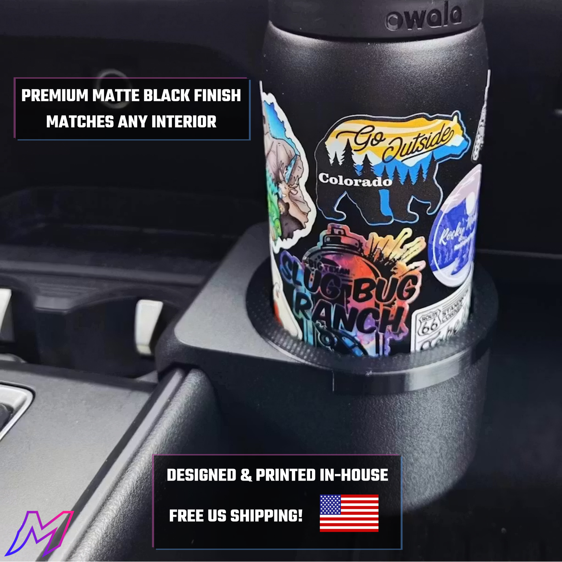 Black tumbler with colorful stickers on a car cup holder, text about product features.