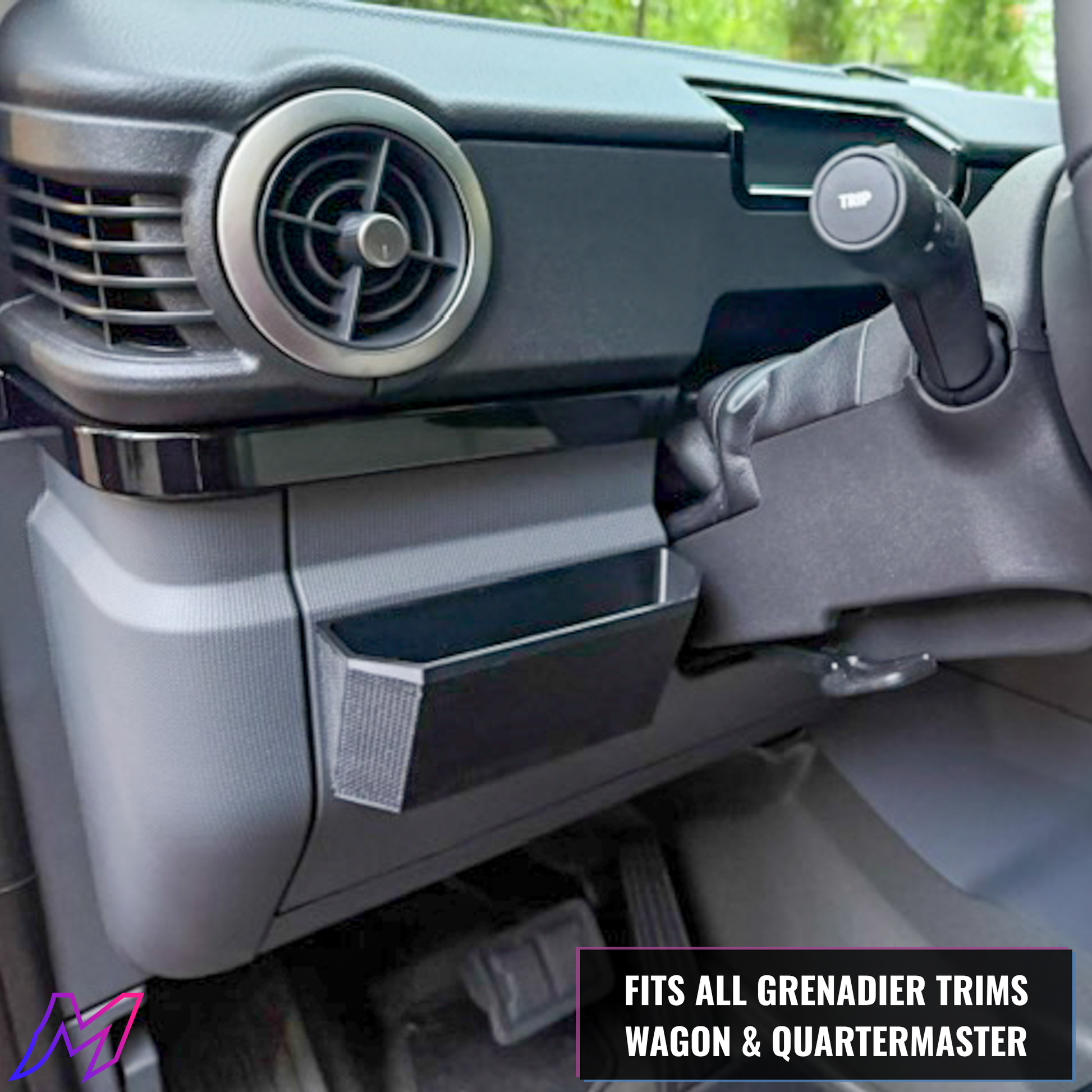 MATERIUM Grenadier dash pocket 3-step installation guide — apply adhesive, clean surface, press and hold