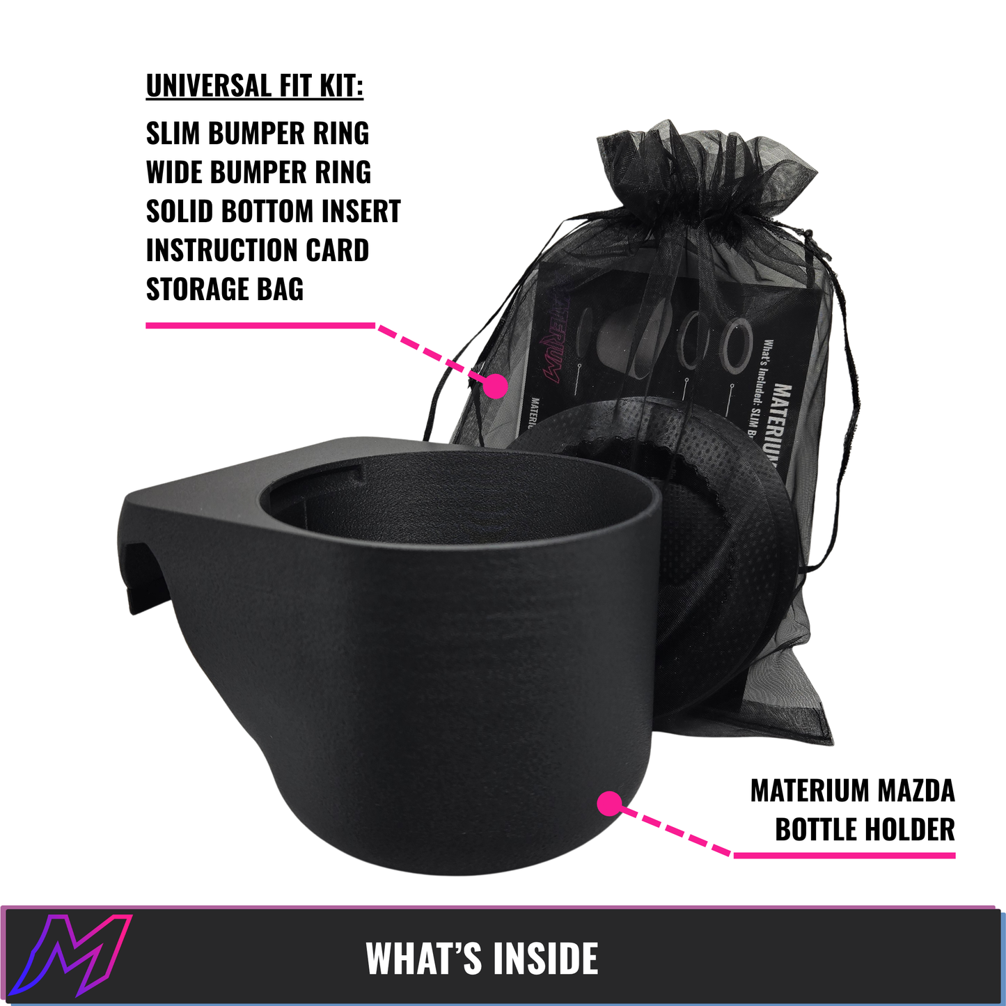 MATERIUM Universal Fit Kit contents for Mazda CX-50 bottle holder, including bumper rings, bottom insert, instruction card, and mesh storage bag