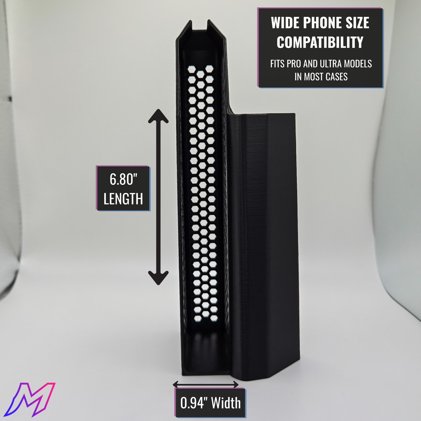 MATERIUM CX-50 phone holder dimensions 6.00 inch length by 0.94 inch width, fits iPhone Pro and Ultra in most cases