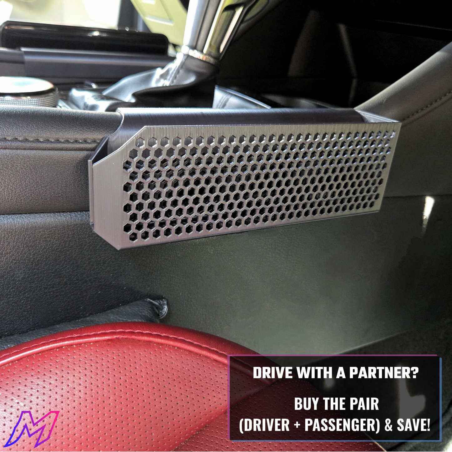 MATERIUM Mazda3 phone holder installed driver side with phone loaded, wide phone size compatibility