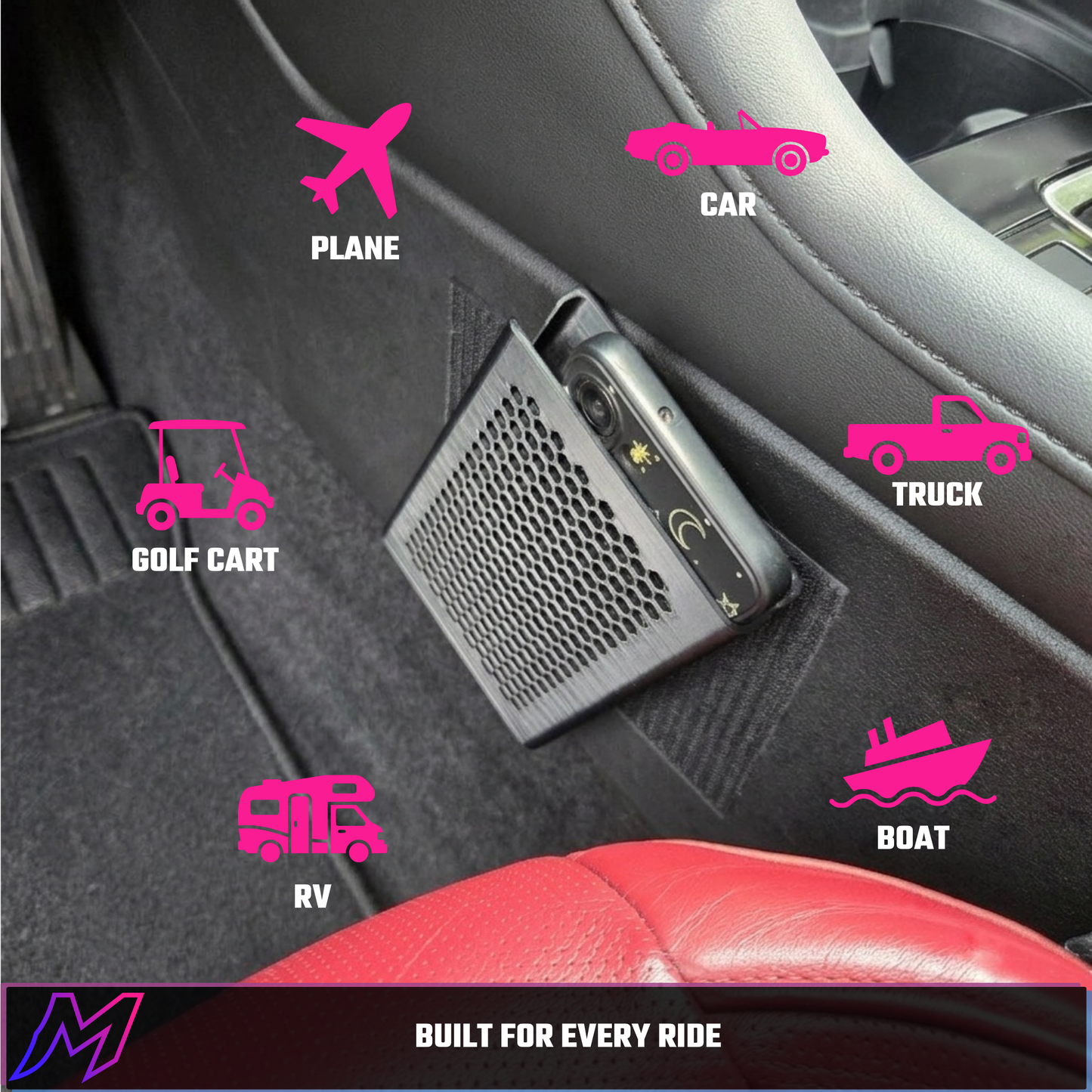 MATERIUM universal phone holder mounted in car with fuchsia vehicle icons surrounding it — plane, car, truck, boat, RV, golf cart — bar reads Built for Every Ride