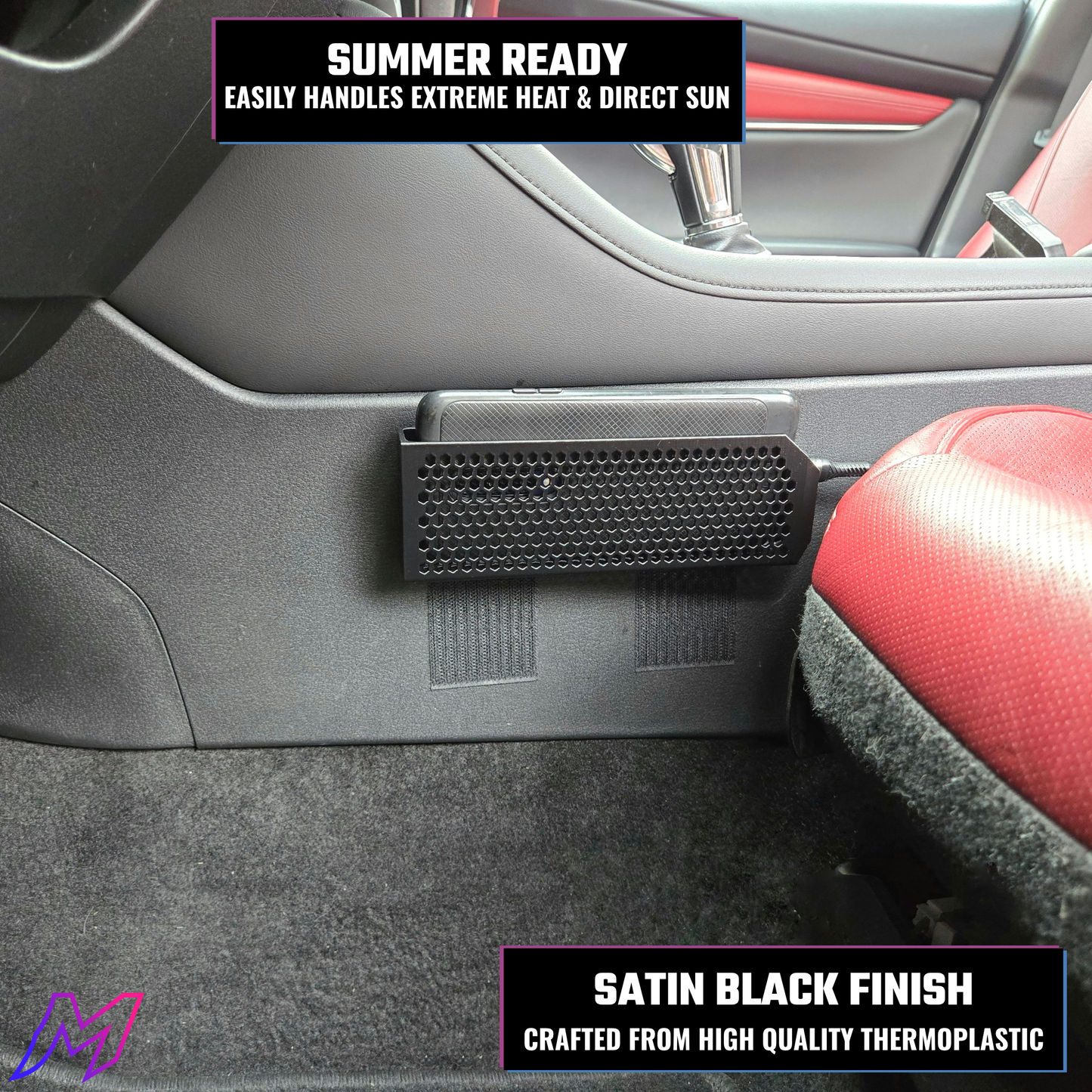Car interior with a black honeycomb sunshade on the dashboard, text indicating summer readiness and satin black finish.