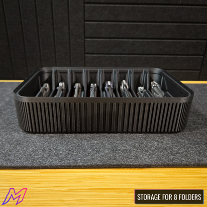 MATERIUM Vanguard Array top-down with 8 EDC folding knives and tools loaded, 8-slot knife display tray