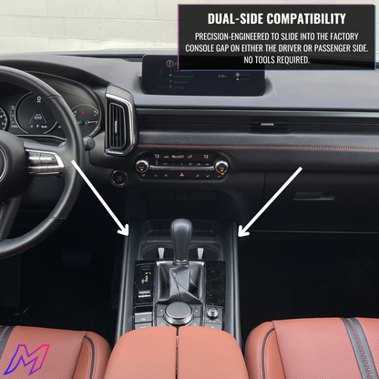 MATERIUM CX-50 phone holder dual-side compatibility, driver and passenger console gap installation shown