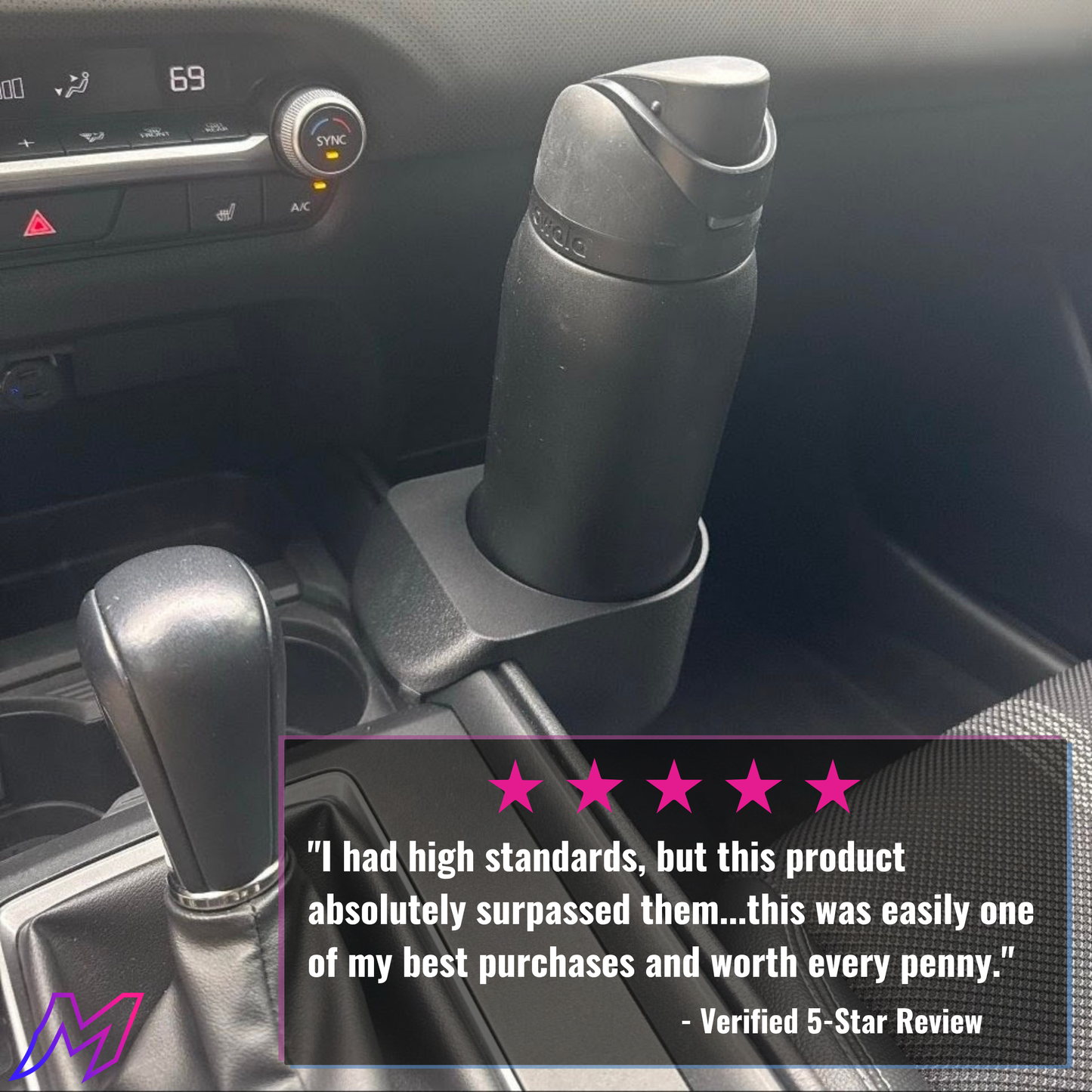 Car cup holder with a water bottle and a five-star review text overlay.