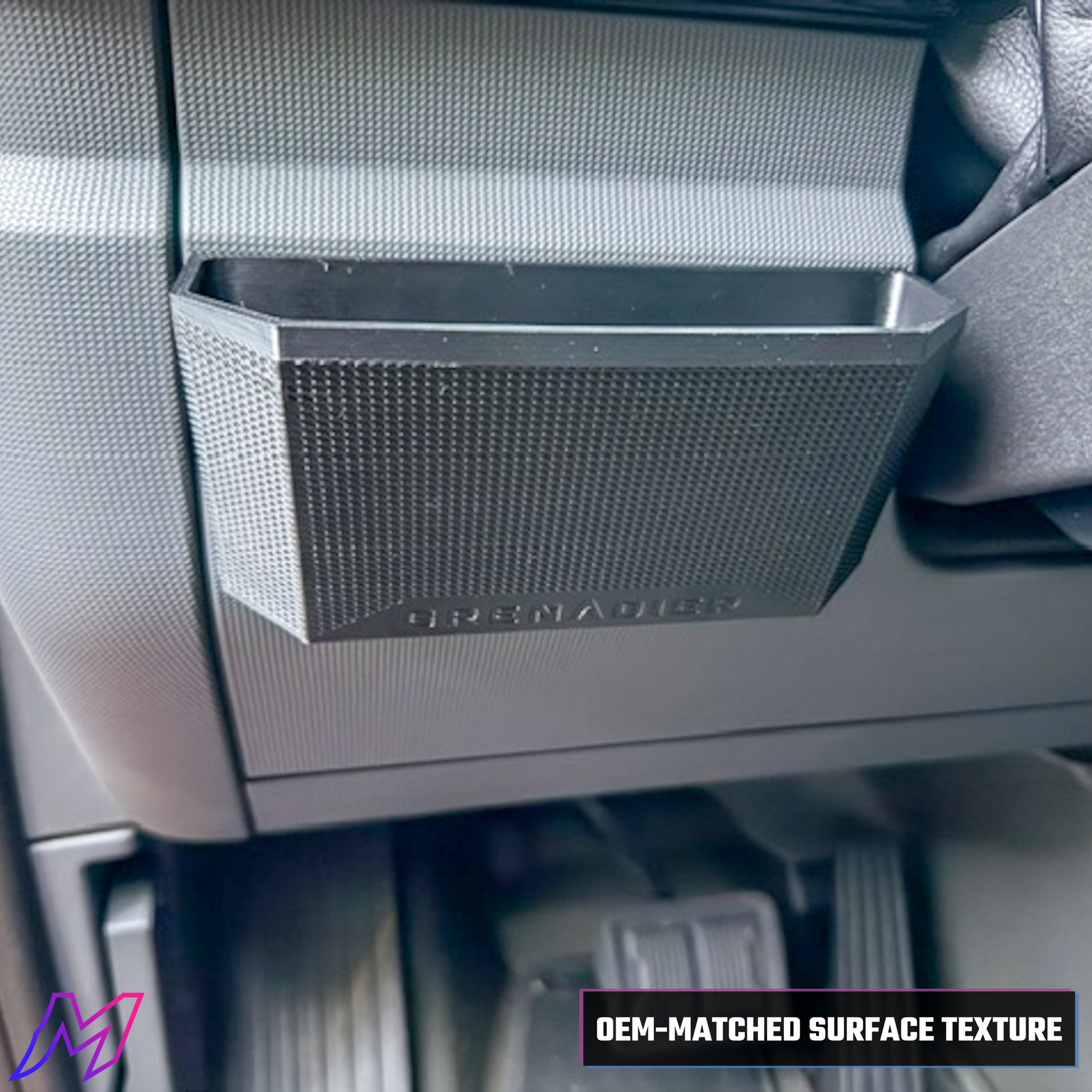 MATERIUM Grenadier dash pocket installed on dash panel, OEM-matched surface texture detail