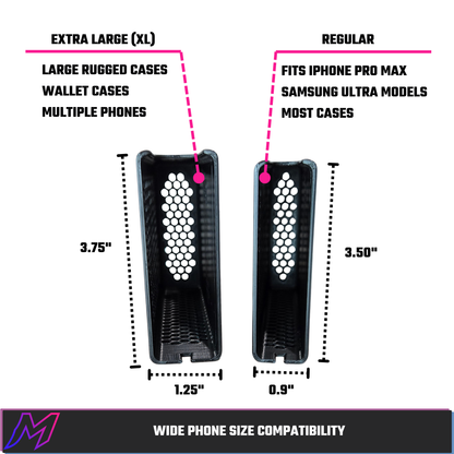 MATERIUM universal phone holder size comparison — Regular 3.50 inch by 0.90 inch versus XL 3.75 inch by 1.25 inch, white background, bar reads Wide Phone Size Compatibility