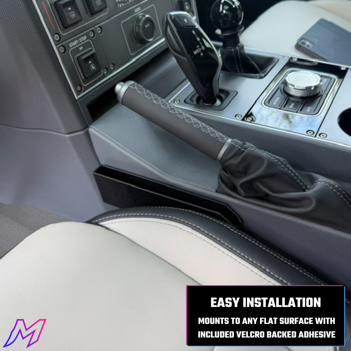 MATERIUM Grenadier phone holder installed driver side console, low-profile fit, zero legroom impact