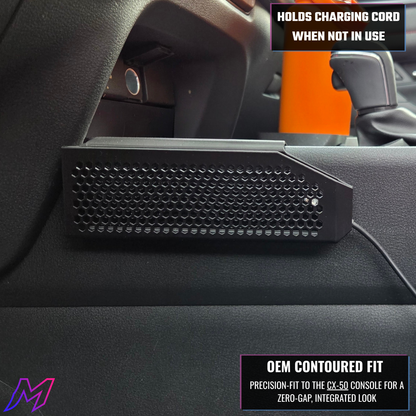 MATERIUM CX-50 phone holder installed in console with charging cord stored, OEM contoured fit