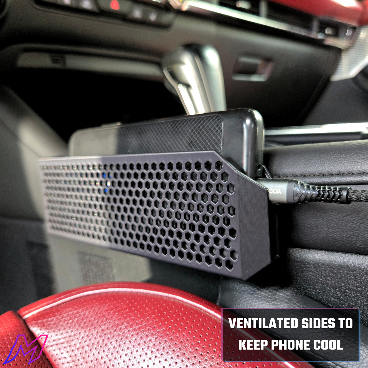MATERIUM Mazda3 phone holder installed driver side, summer ready ASA thermoplastic handles extreme heat and direct sun