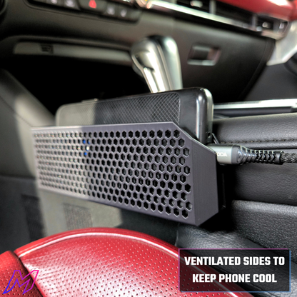 MATERIUM Mazda3 phone holder installed driver side, summer ready ASA thermoplastic handles extreme heat and direct sun