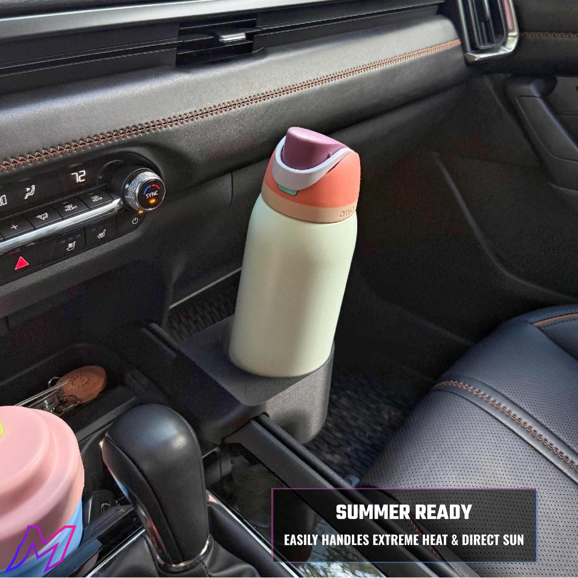 Color-changing water bottle in a car cup holder with 'Summer Ready' text.