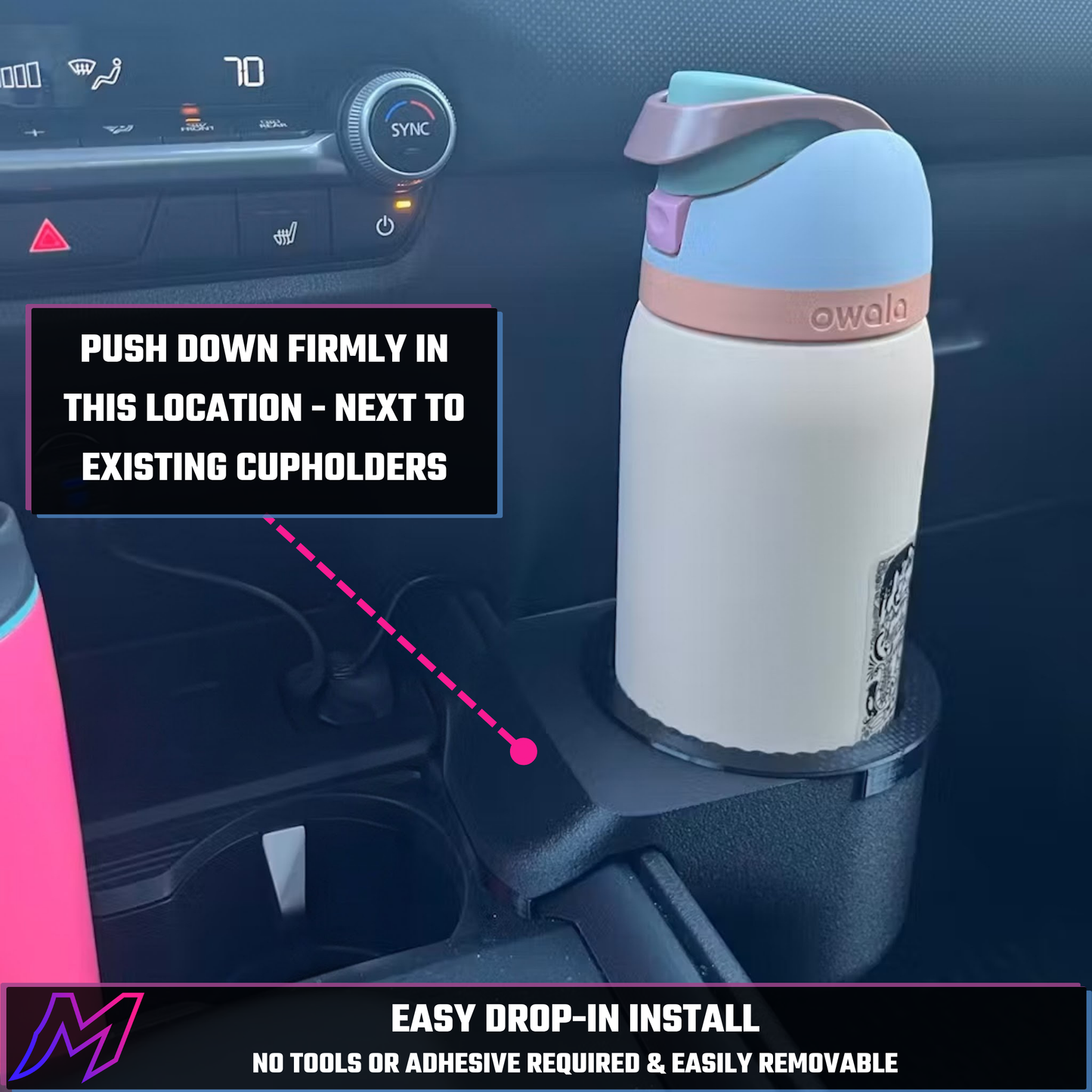MATERIUM Mazda CX-50 bottle holder installation showing correct placement next to factory cupholders, seats with a firm downward press