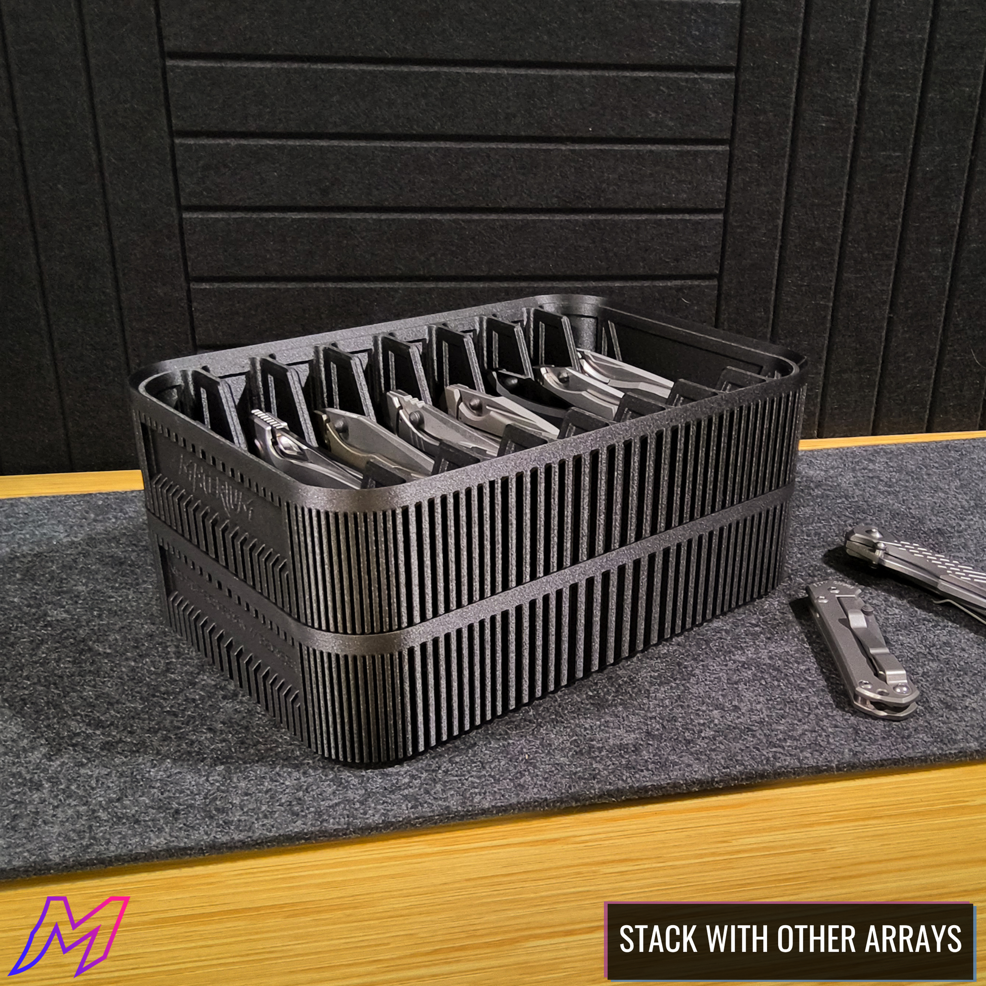 MATERIUM Vanguard Array modular stacking, two units stacked, expandable EDC knife display system