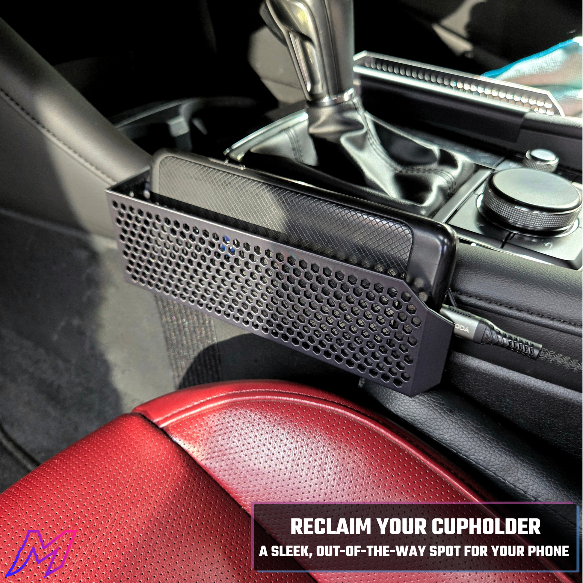 MATERIUM Mazda3 phone holder installed driver side, easy drop-in install no adhesive or modification required