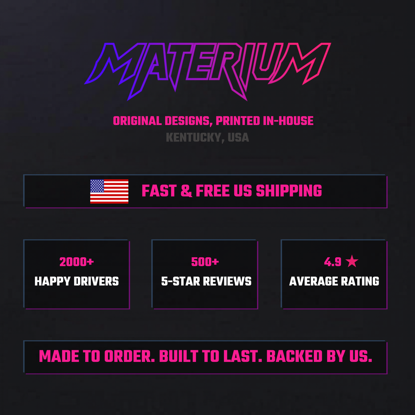 MATERIUM brand credibility slide — 2000+ happy drivers, 500+ five-star reviews, 4.9 average rating, fast and free US shipping, made to order built to last backed by us