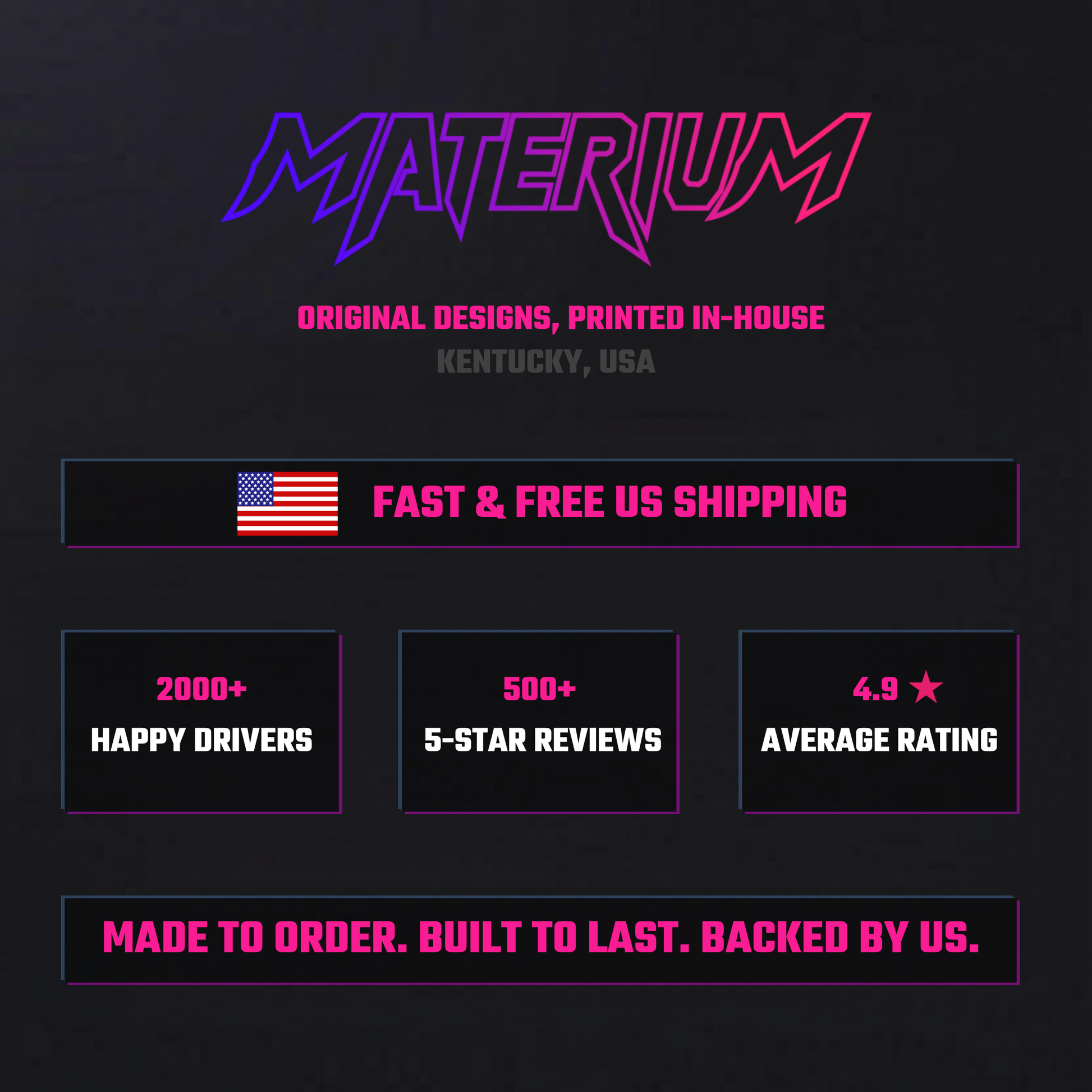 MATERIUM brand credibility slide — 2000+ happy drivers, 500+ five-star reviews, 4.9 average rating, fast and free US shipping, made to order built to last backed by us