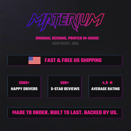 MATERIUM brand credibility slide — 2000+ happy drivers, 500+ five-star reviews, 4.9 average rating, fast and free US shipping, made to order built to last backed by us