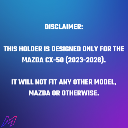 Disclaimer text on a blue and purple gradient background about a Mazda CX-50 holder.