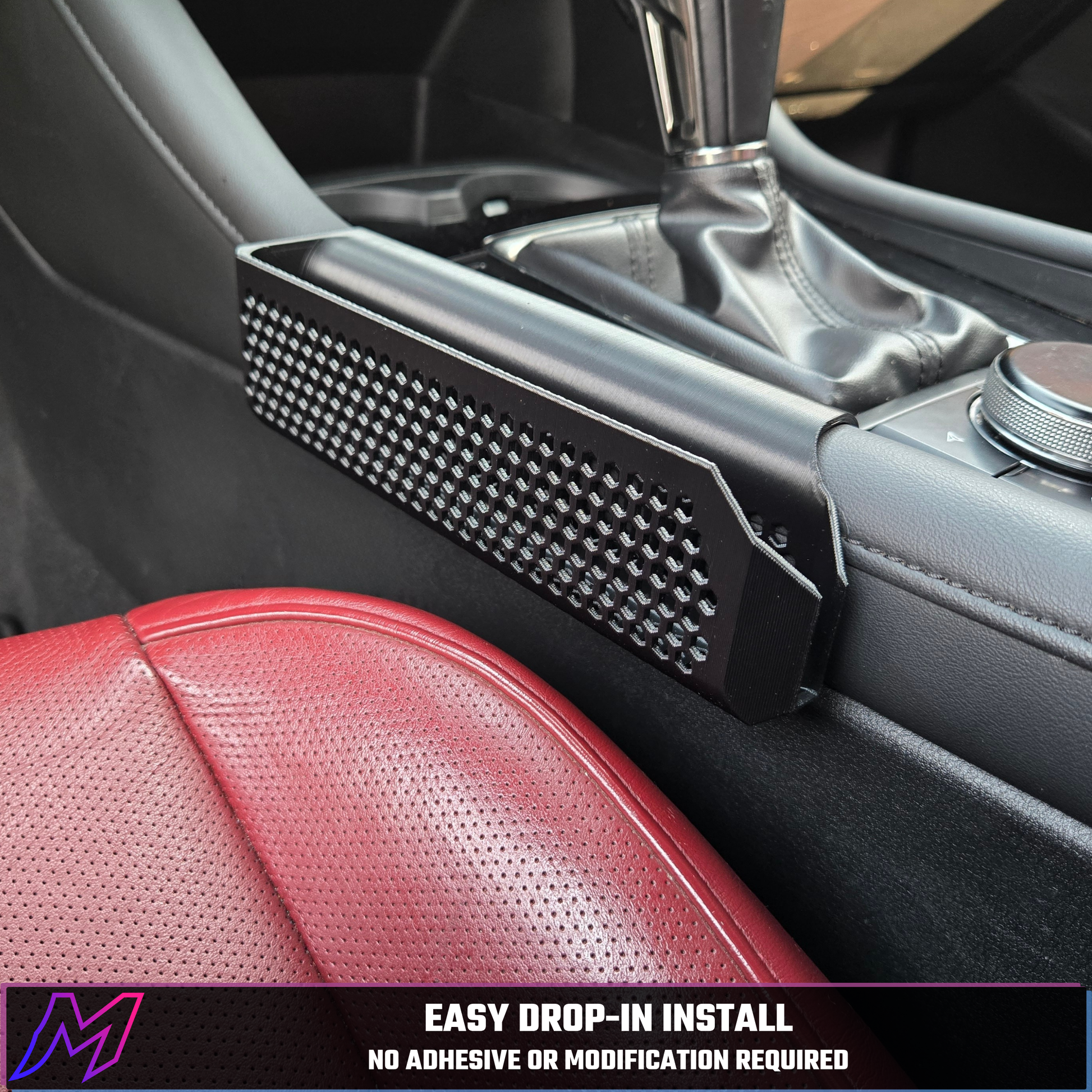 MATERIUM phone holder installed in Mazda3 console — easy drop-in install, no adhesive or modification required
