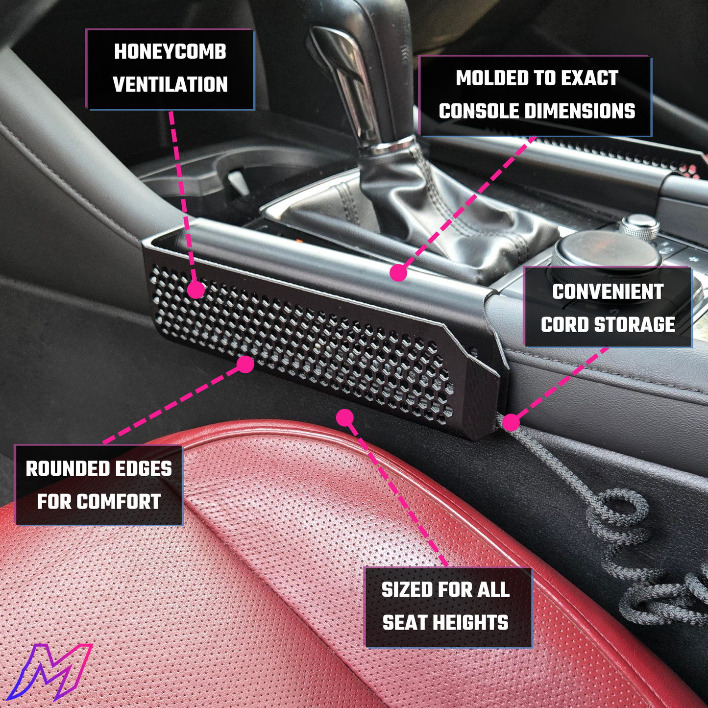 Diagram of MATERIUM Mazda3 phone holder features: honeycomb ventilation, molded to exact console dimensions, cord storage, rounded edges, sized for all seat heights
