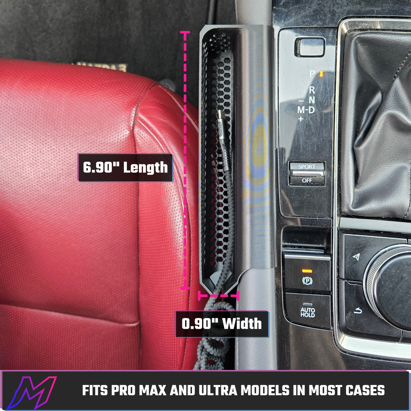 MATERIUM Mazda3 phone holder dimensions — 6.90 inch length, 0.90 inch width, fits Pro Max and Ultra phone models in most cases