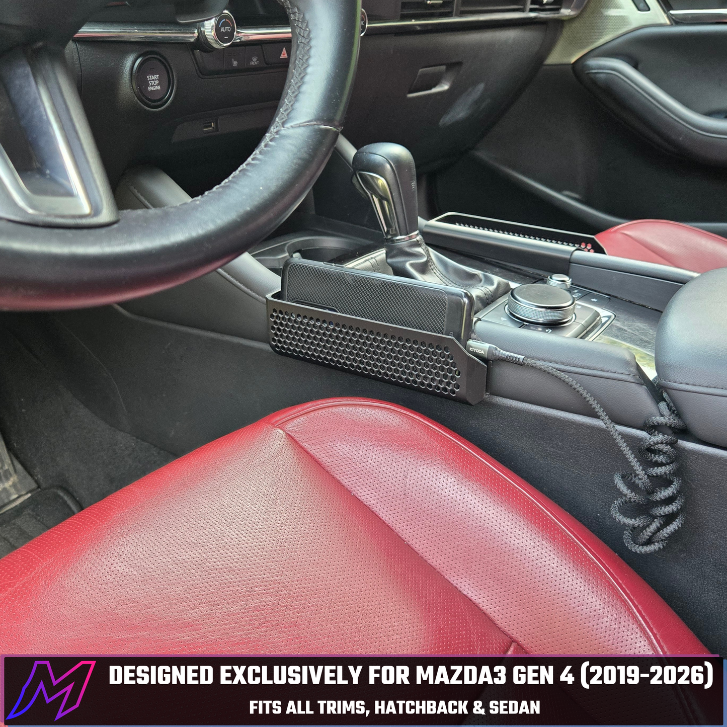 MATERIUM phone holder in Mazda3 Gen 4 (2019-2026) interior — designed exclusively for Mazda3, fits all trims, hatchback and sedan