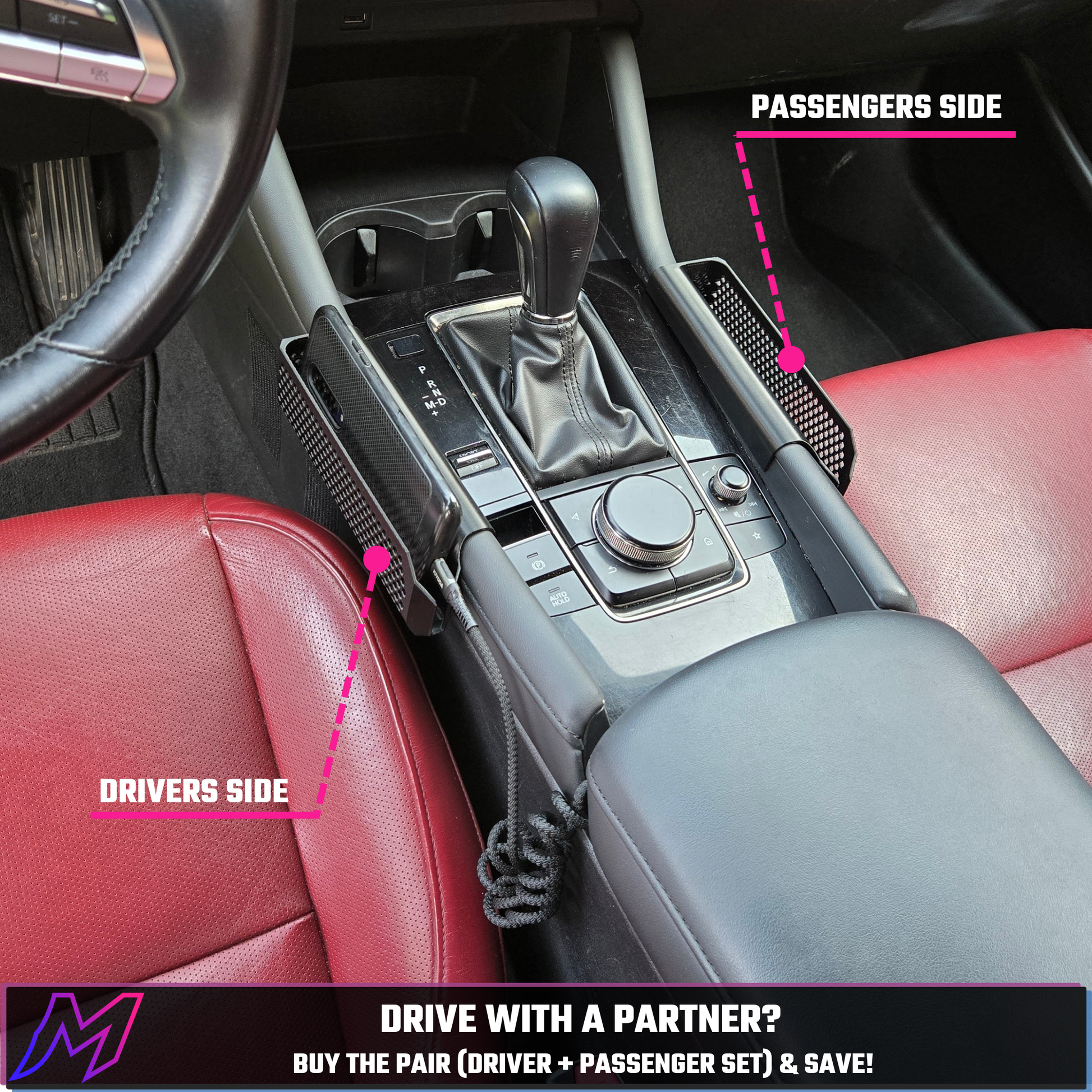 MATERIUM phone holders installed on both driver and passenger sides of Mazda3 console — drive with a partner, buy the pair and save