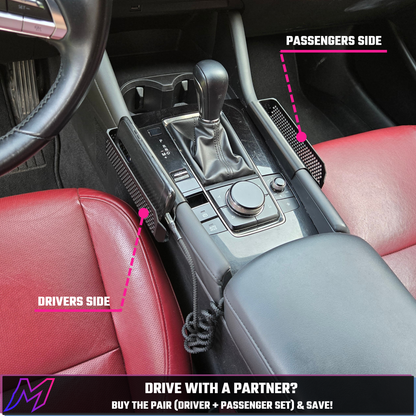 MATERIUM phone holders installed on both driver and passenger sides of Mazda3 console — drive with a partner, buy the pair and save