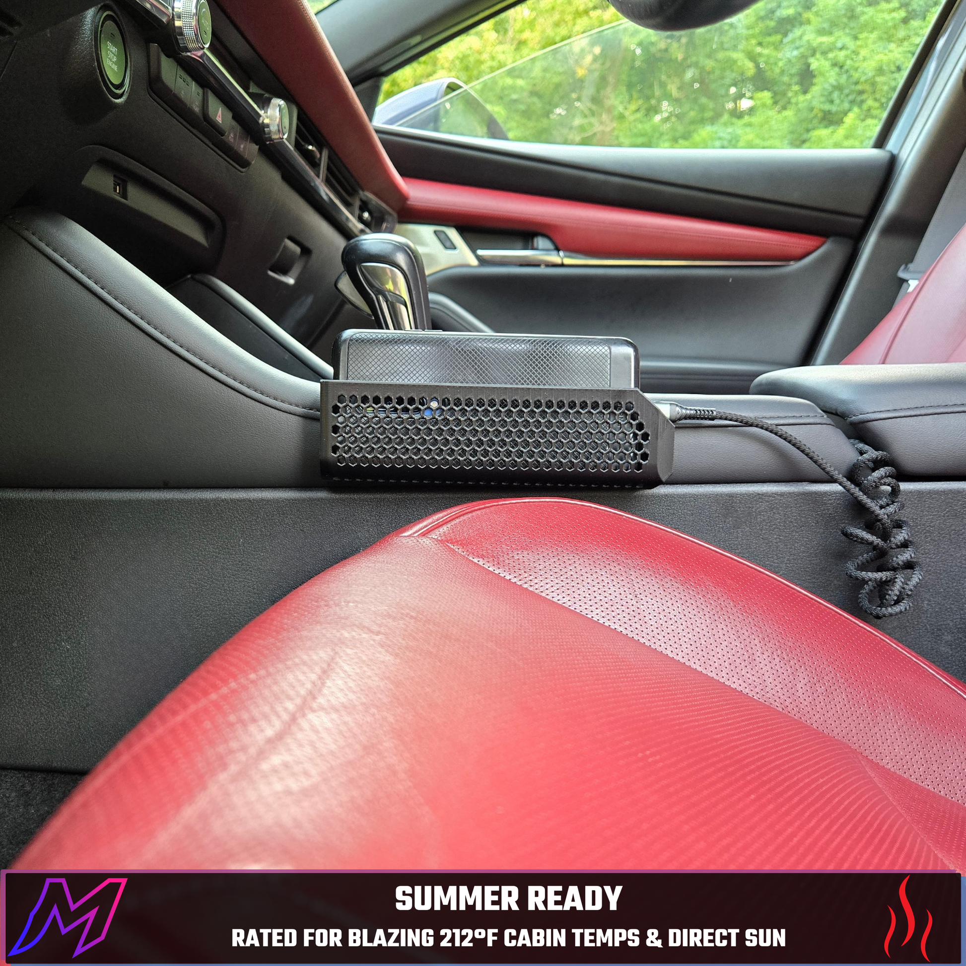 MATERIUM phone holder in Mazda3 console with phone charging — summer ready, rated for 212°F cabin temps and direct sun
