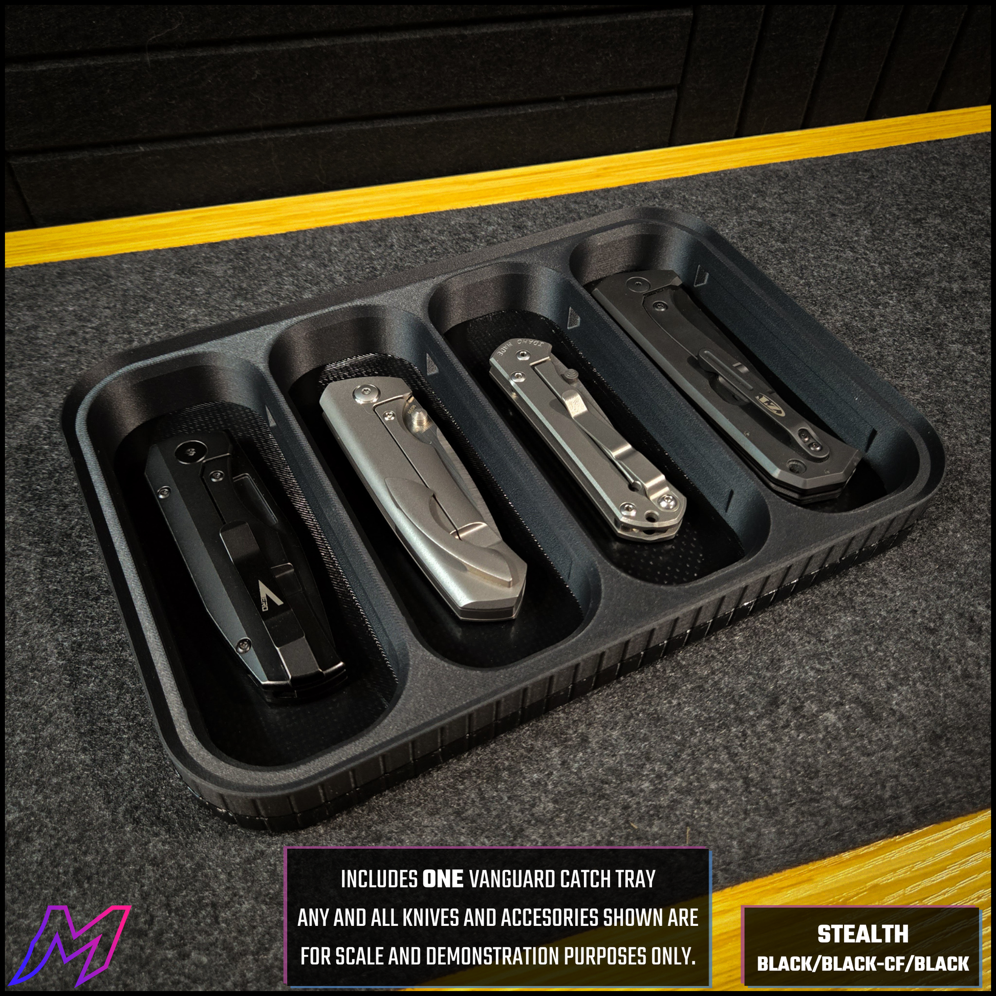 MATERIUM Vanguard Catch Stealth loaded with folding knives, includes one Vanguard Catch tray per order